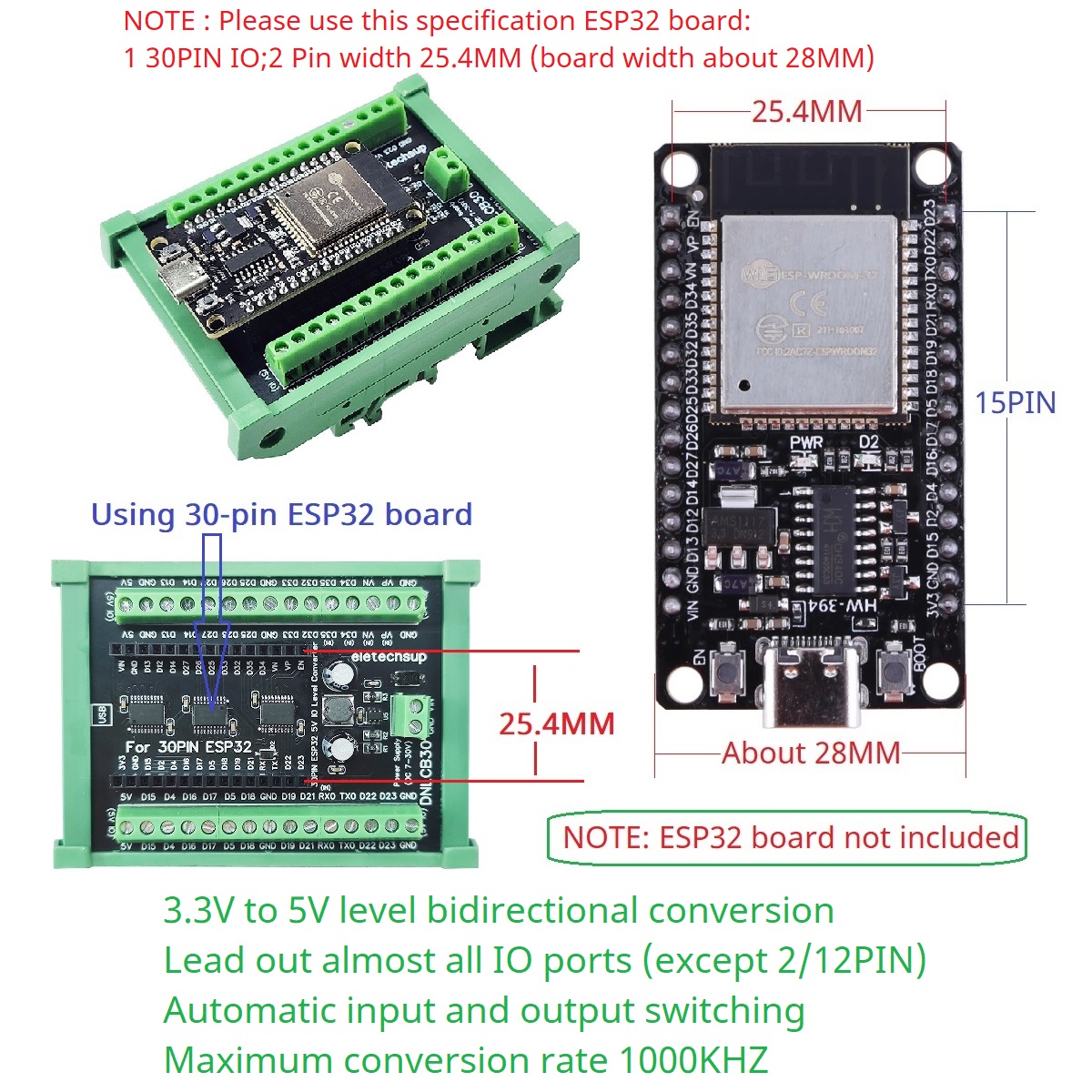 ESP32 30P DIN-railadapter, 3,3 - Level Shifter 3.3V recensie en prijs